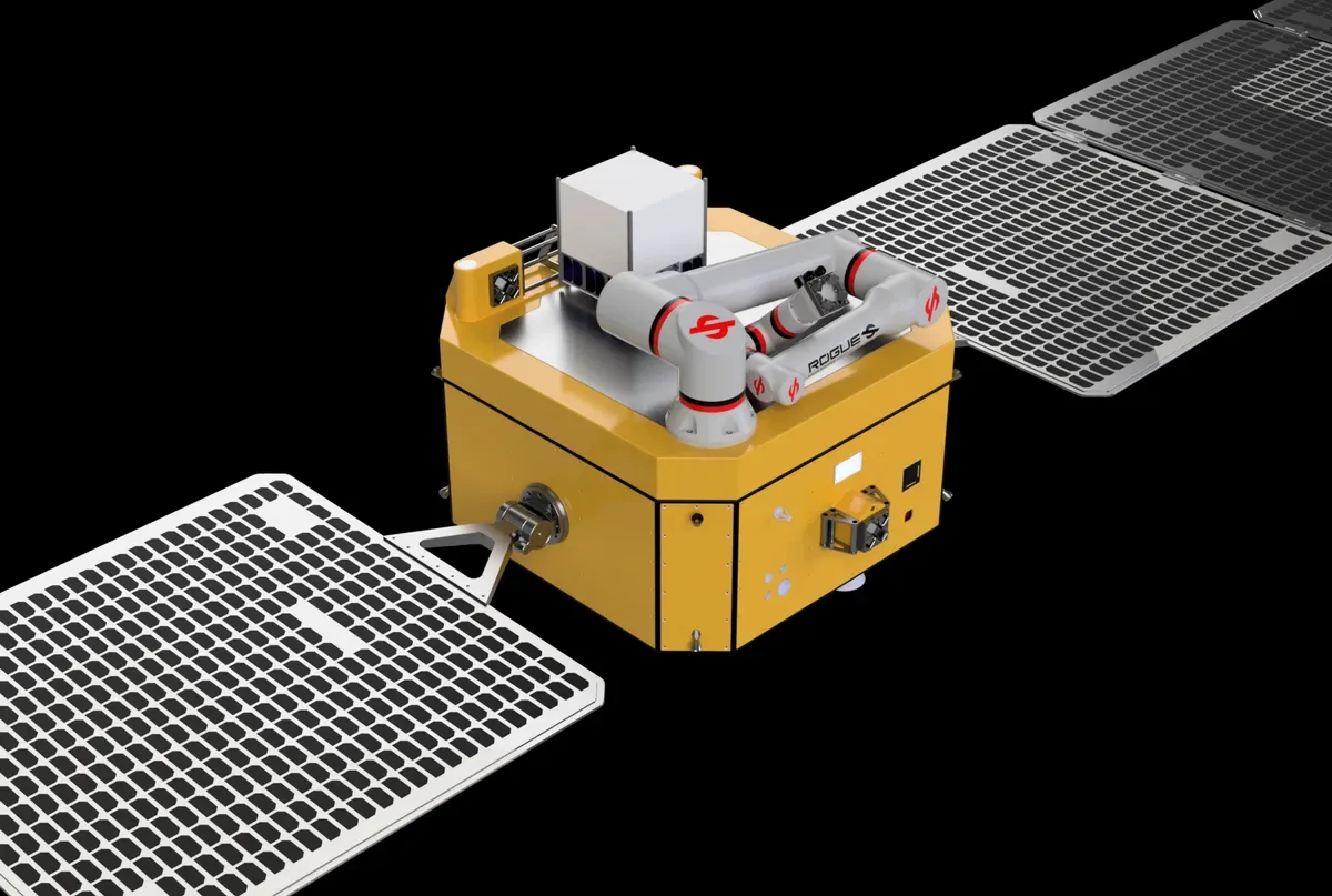 Rendering of the Orbot servicing satellite with a robotic arm and two solar arrays