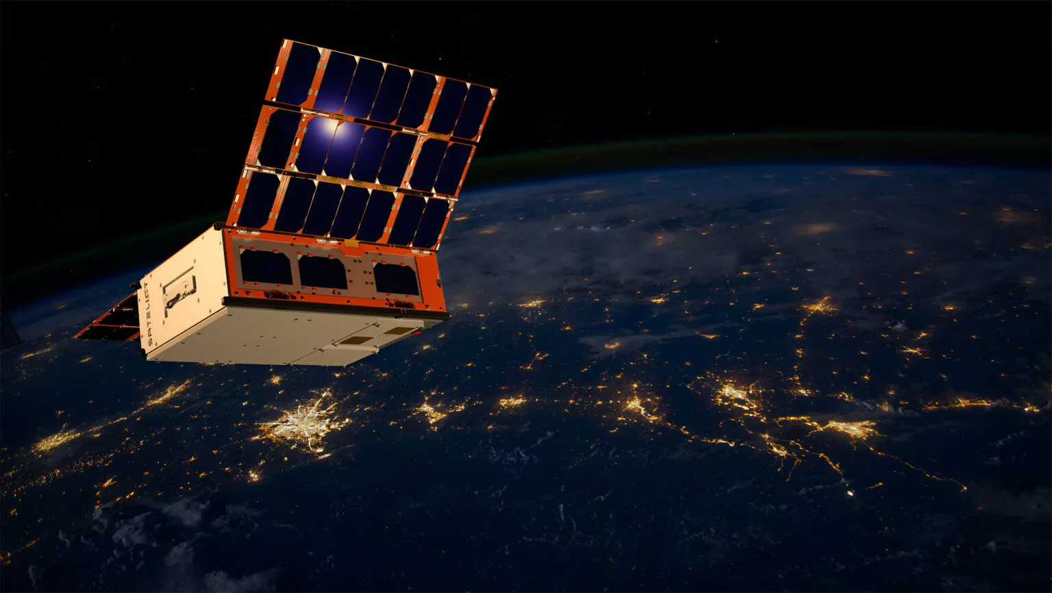 Rendering of a Sateliot nanosatellite with deployed solar panels over Earth at night