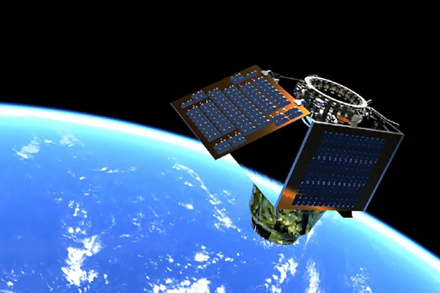 Rendering of the HotSat-1 thermal imaging satellite in orbit above Earth