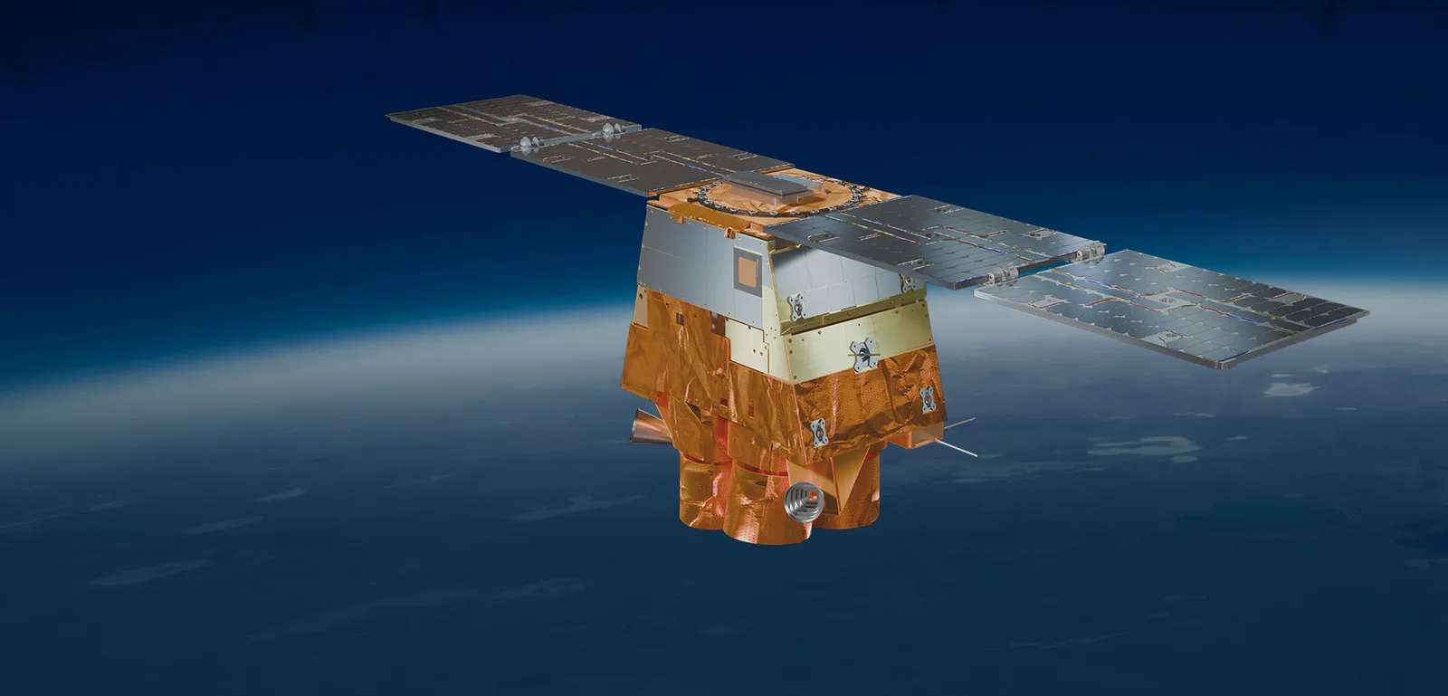 Rendering of a Satellogic Merlin Earth-imaging satellite with solar arrays deployed in orbit
