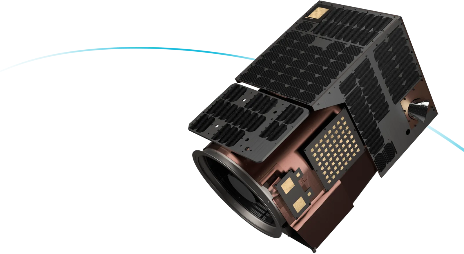 Rendering of a Satellogic NewSat Mark V Earth-imaging satellite with its telescope and solar panels
