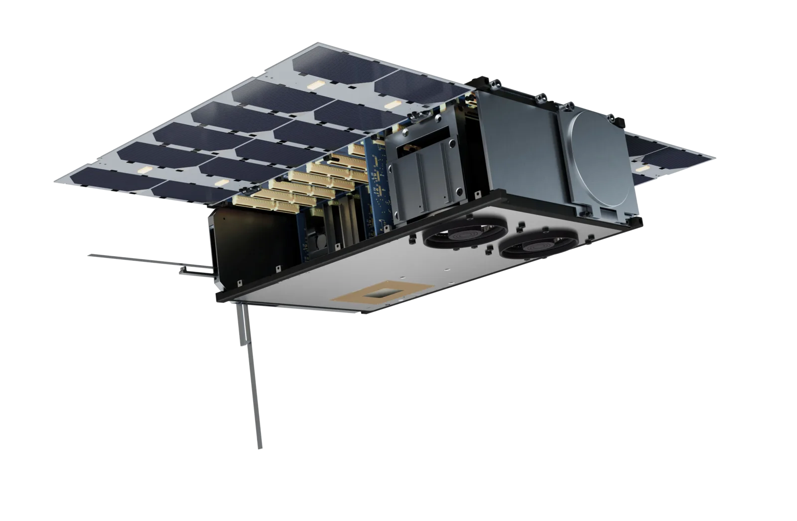 Cutaway rendering of a SatRev 6U nanosatellite with deployed solar panels and exposed internal boards