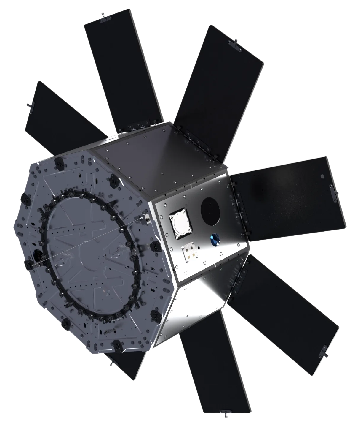 Rendering of a LizzieSat satellite with six deployed solar panels