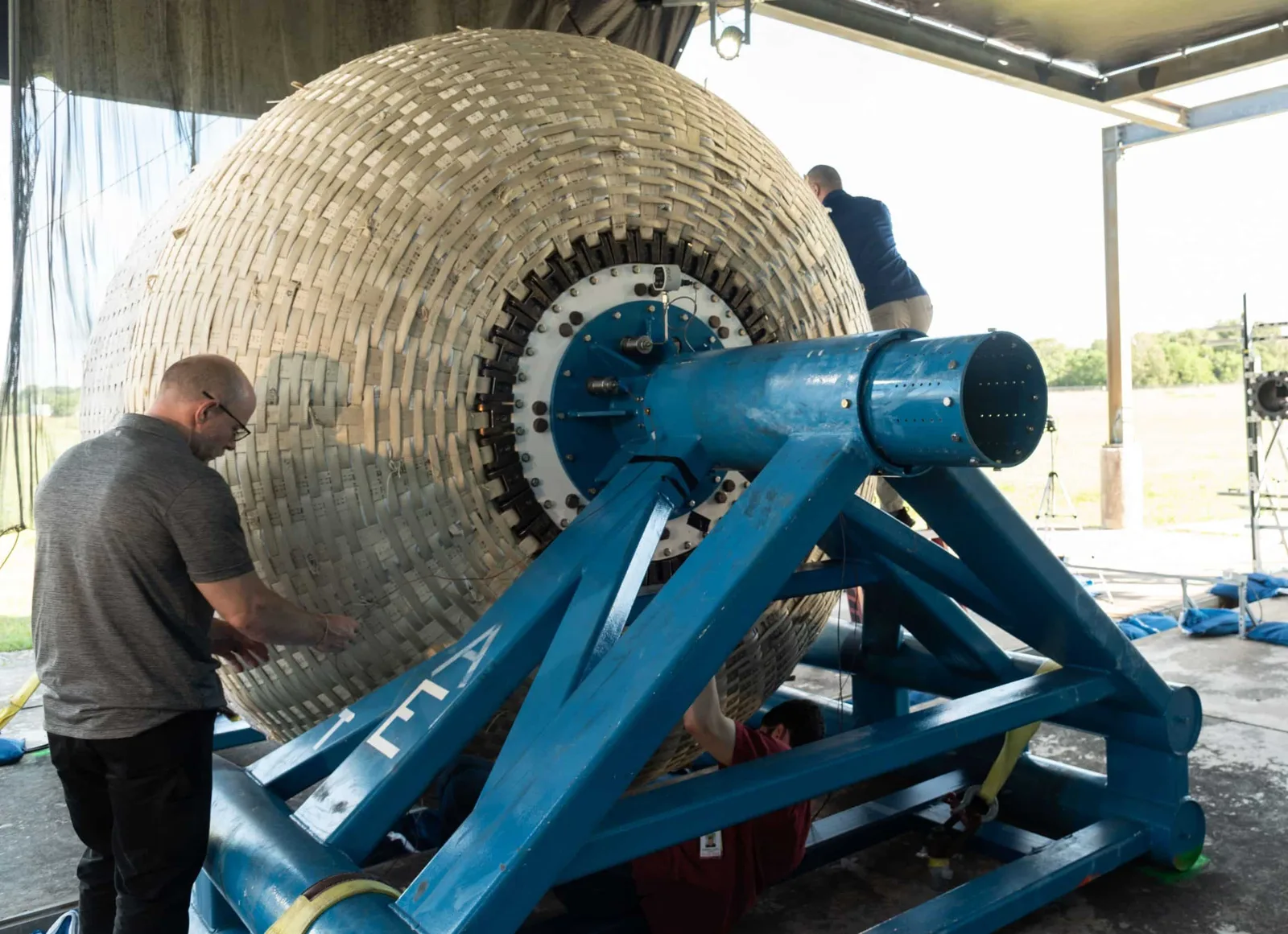 Sub-scale LIFE inflatable habitat test article on its stand before an ultimate burst pressure test