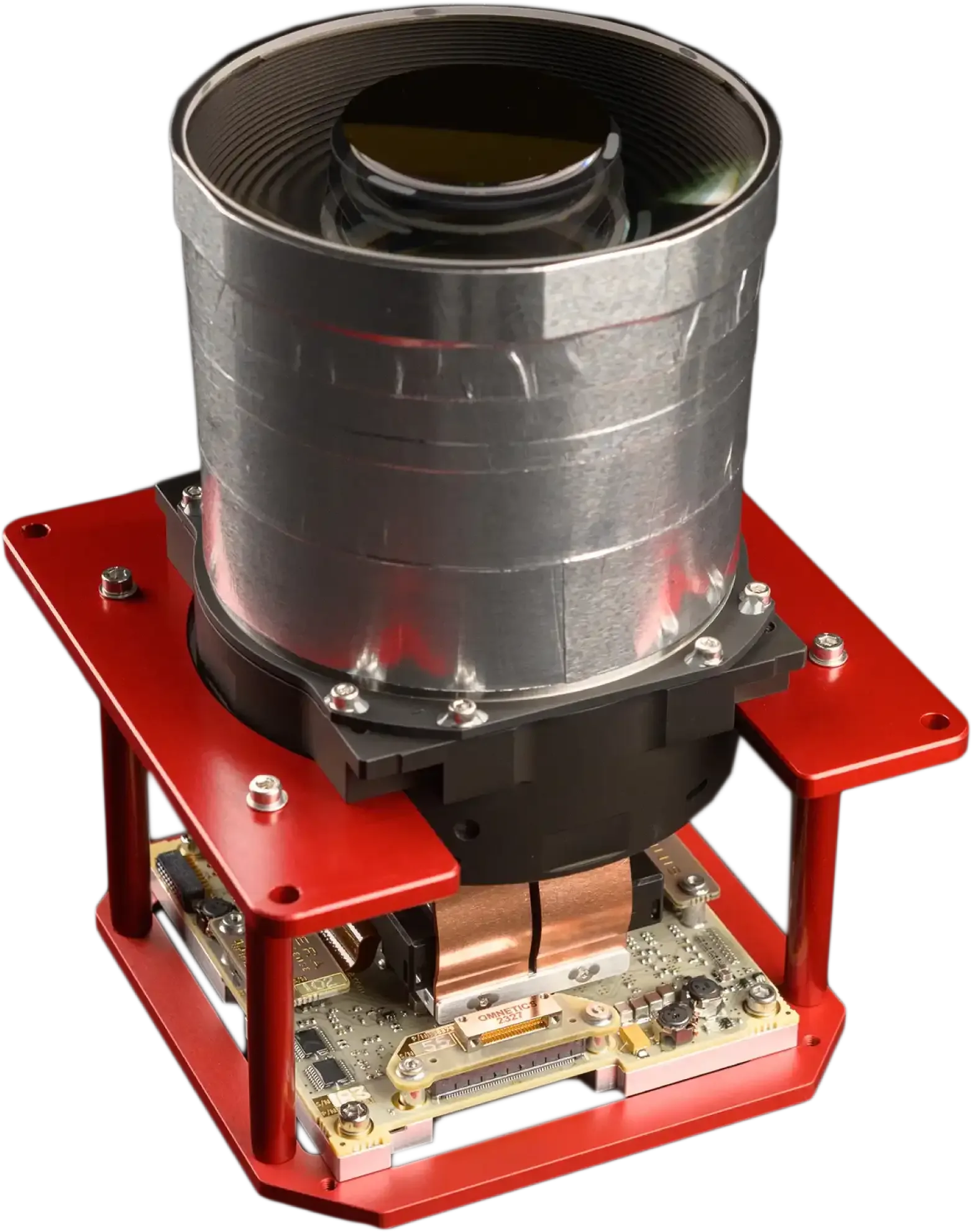 Simera Sense MultiScape100 multispectral camera, a silver lens barrel above electronics on a red mounting frame