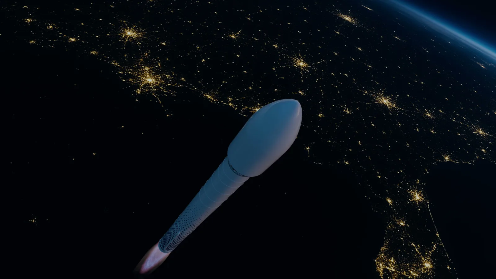 Rendering of a single-core Sirius rocket in flight above city lights on Earth at night
