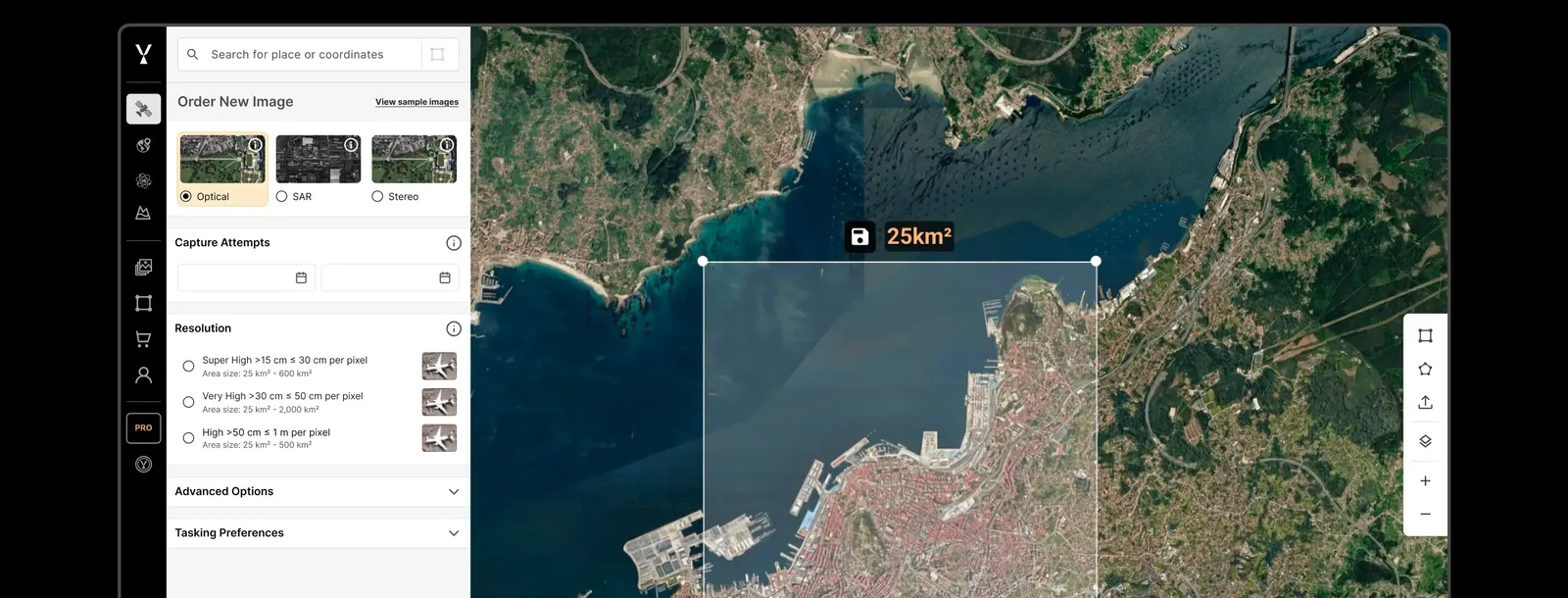 Screenshot of the SkyFi web app ordering a new satellite image, with a tasking panel beside a selected area on a coastal city map