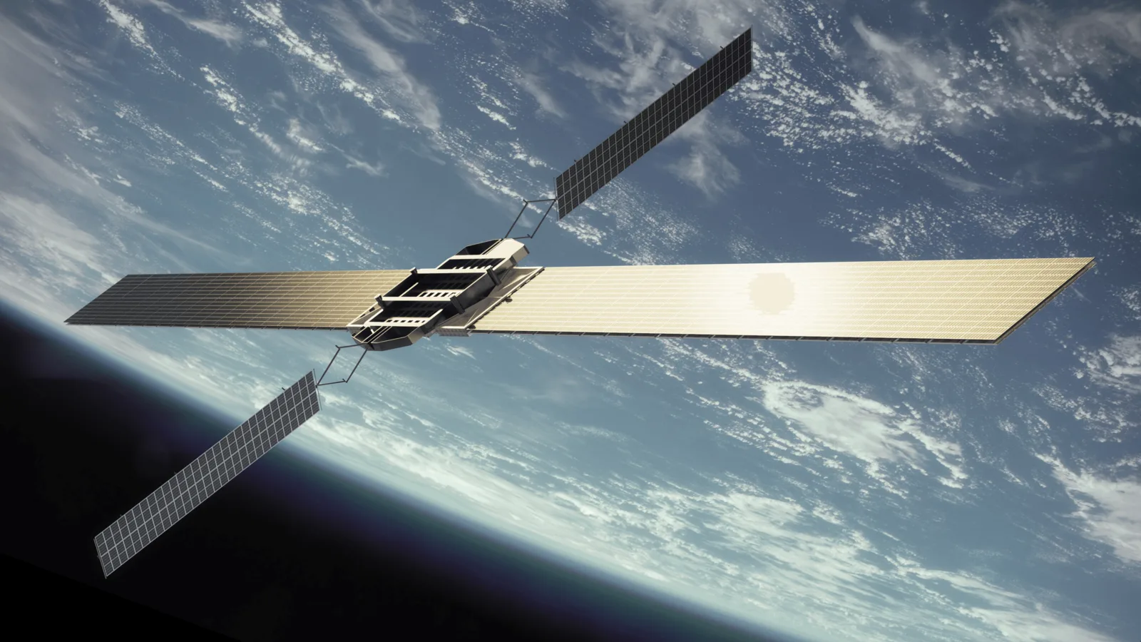 Rendering of a Sophia Space spacecraft built from flat TILE compute and solar panels, with long wings extended above Earth