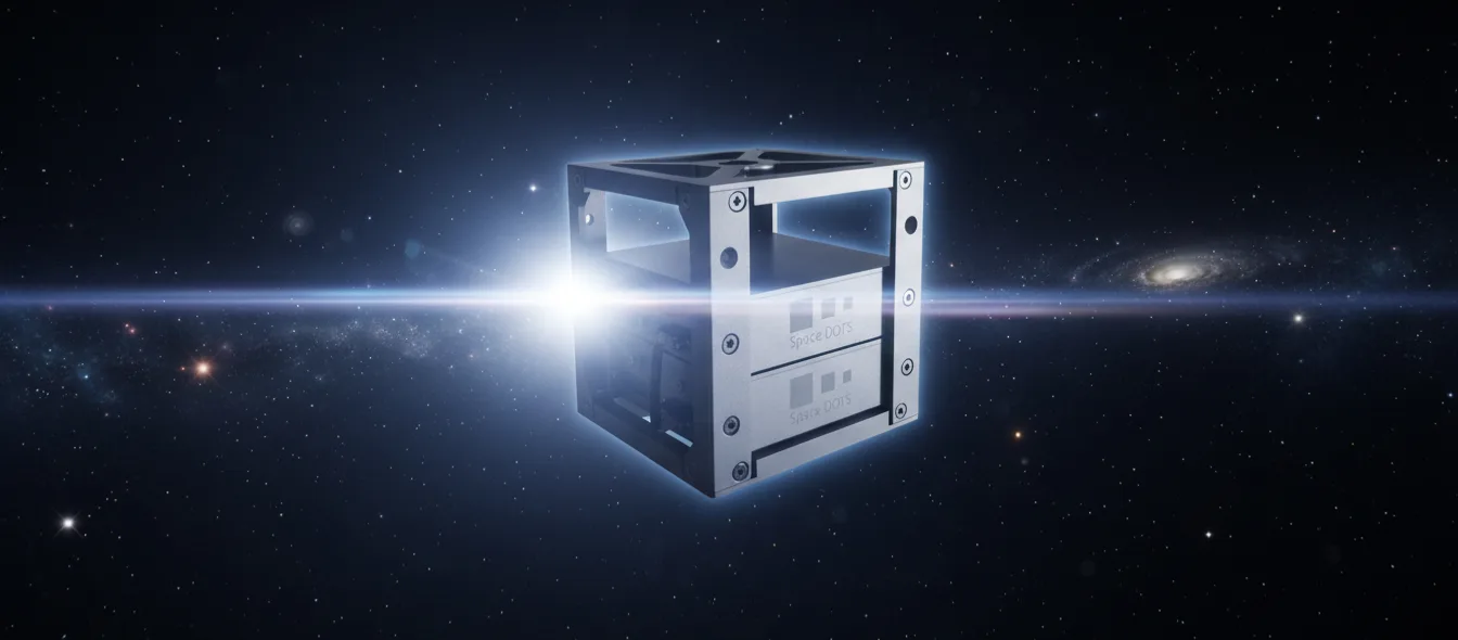 Rendering of a DataDOT sensor payload, a small metal cube-shaped instrument, floating in space against a starfield