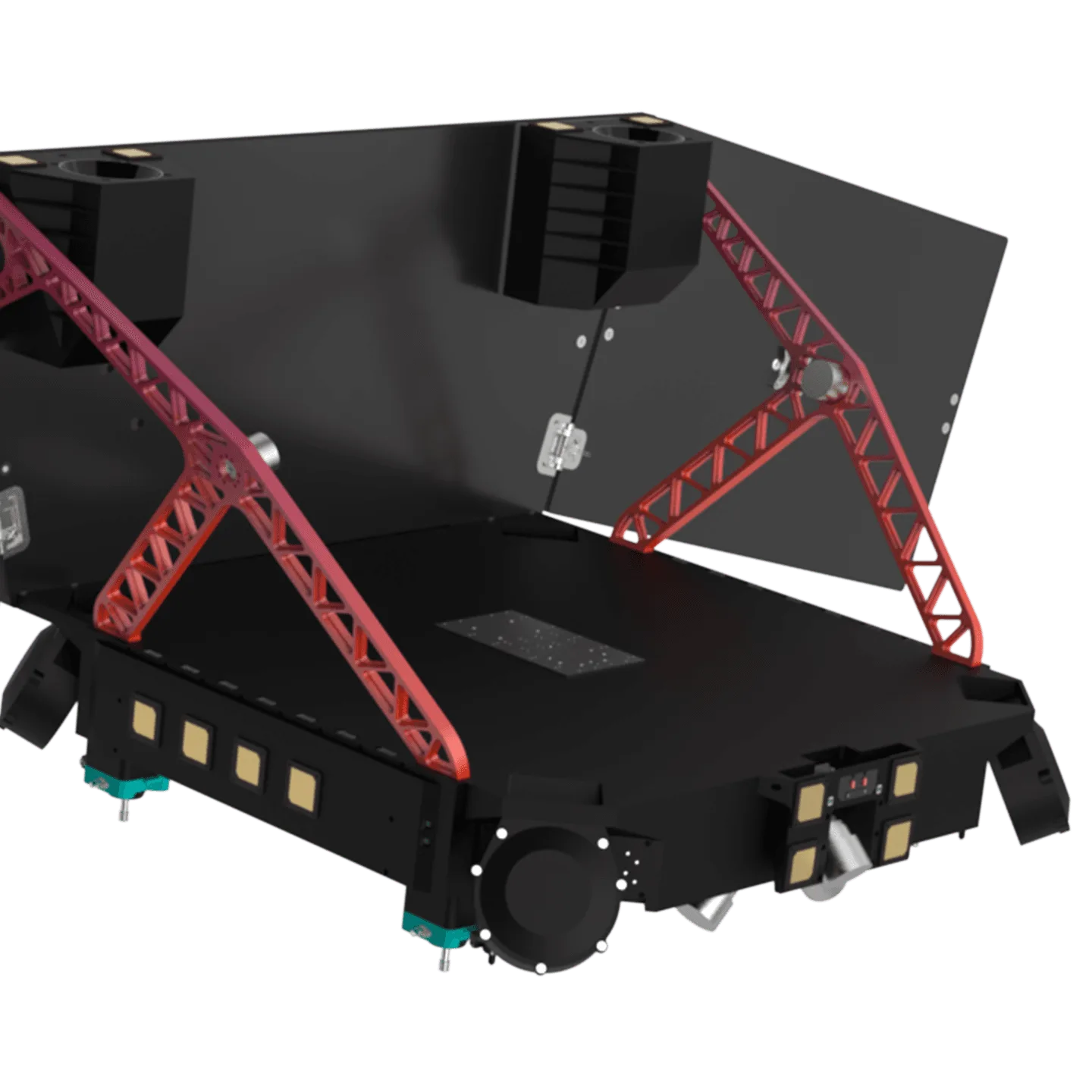 Rendering of a Space Inventor microsatellite platform with its solar panel deployed on red support struts