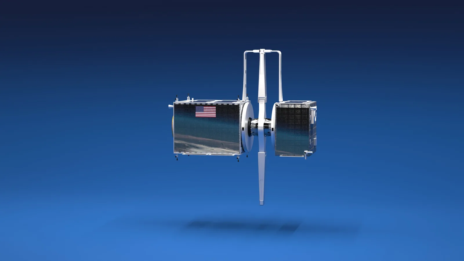 Rendering of Space Kinetic's Whirlwind host spacecraft with its long spin arm, against a blue background