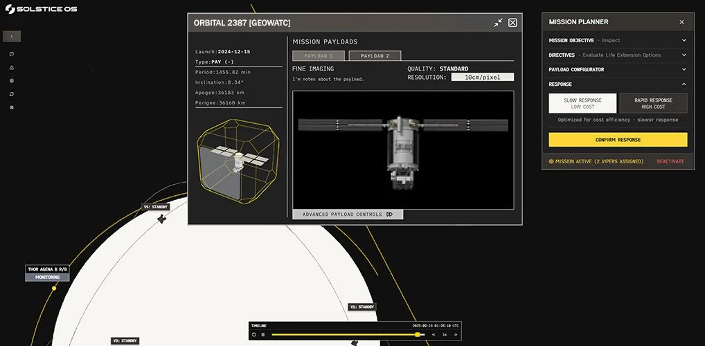 Screenshot of the Solstice OS interface showing an orbit view, a satellite payload panel and a mission planner