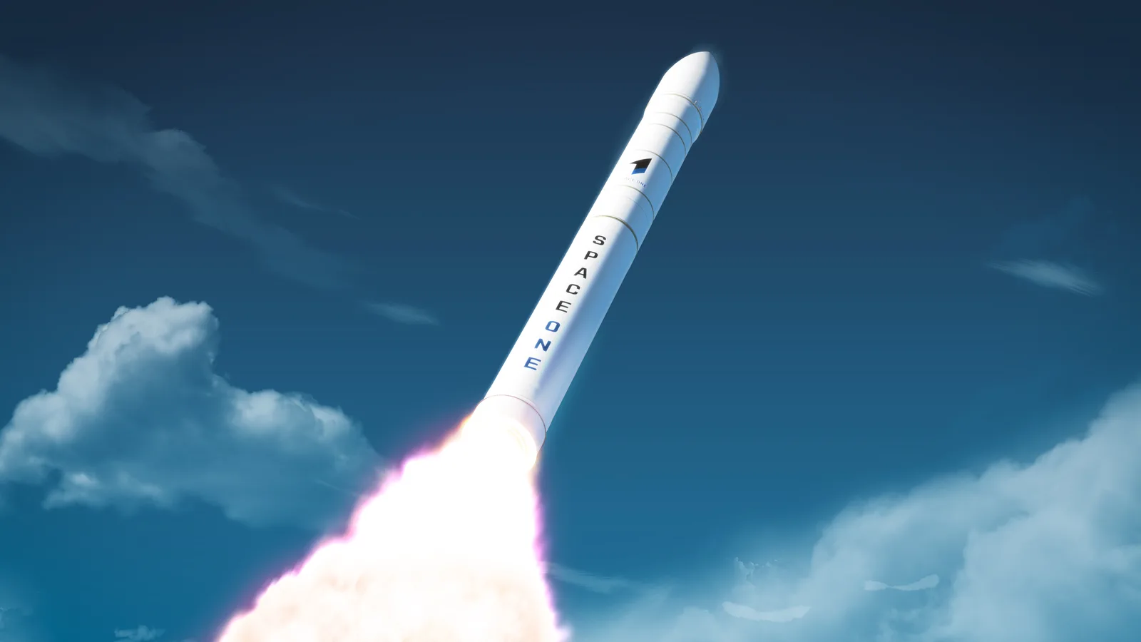 Illustration of the KAIROS rocket climbing through a blue sky on its exhaust plume