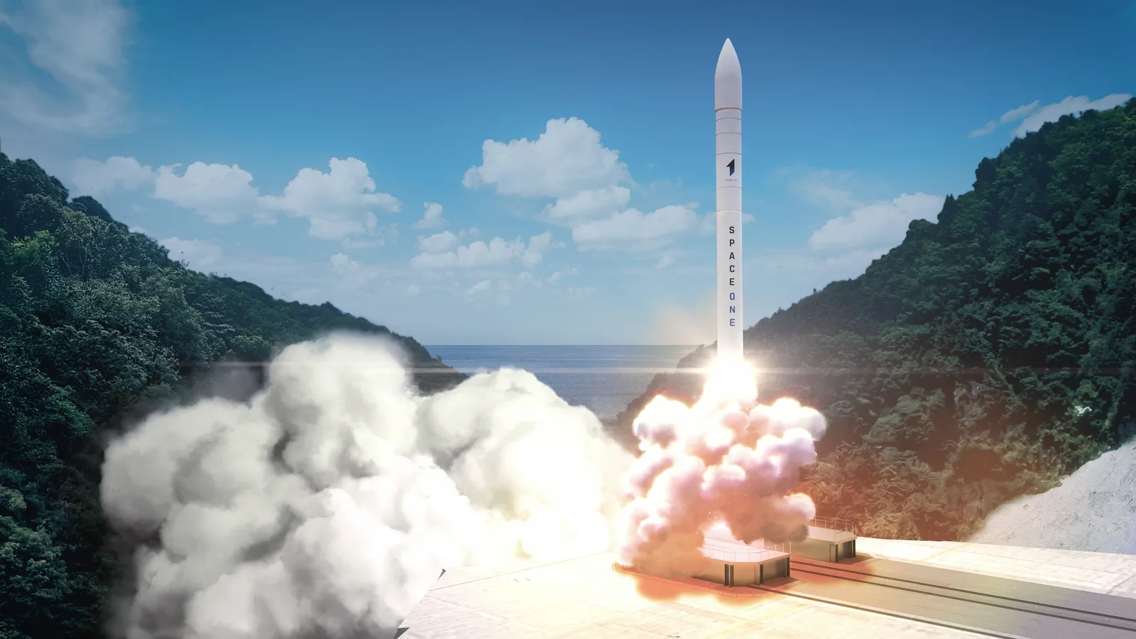 Illustration of a KAIROS rocket lifting off from Spaceport Kii, a coastal pad between green hills in Kushimoto, Japan