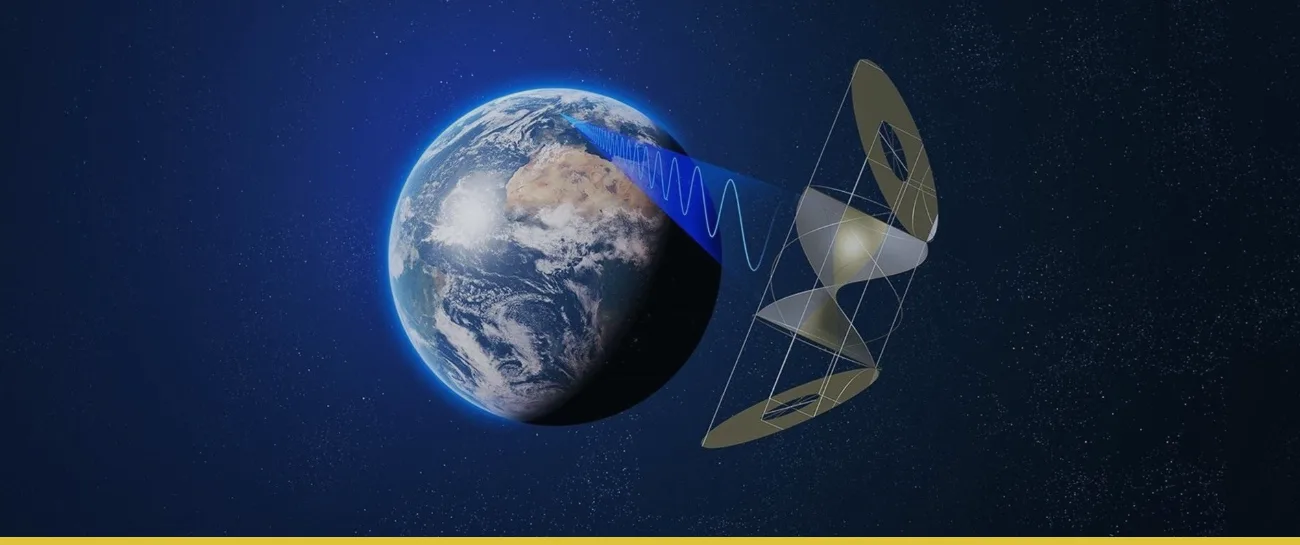 Rendering of the CASSIOPeiA solar power satellite, a helical structure, beaming energy toward Earth