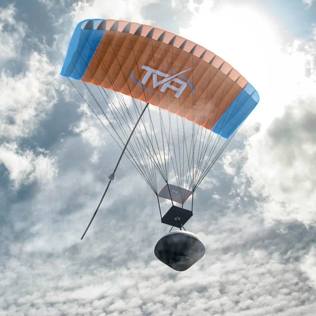 Rendering of the RED-25 reentry capsule descending under an orange guided parafoil through clouds