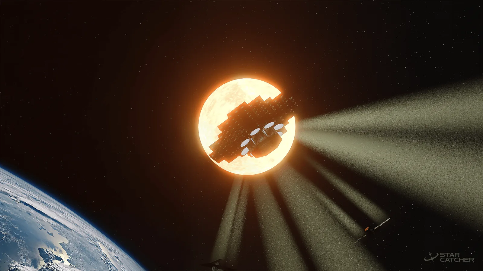 Rendering of a Star Catcher power satellite above Earth beaming concentrated light to nearby client spacecraft
