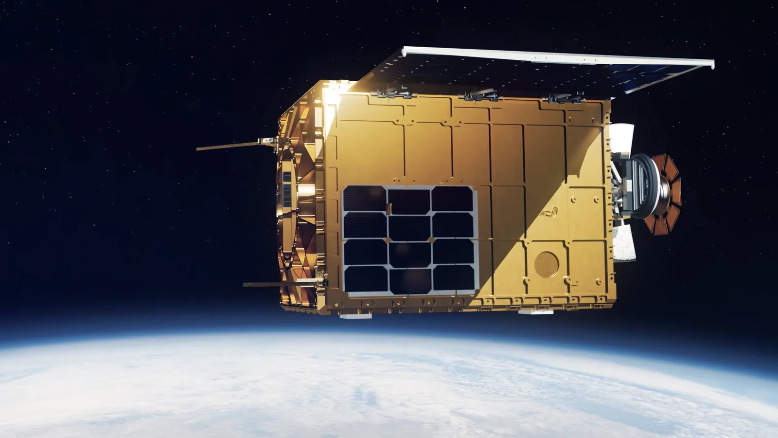 Rendering of the gold-foil Otter Pup spacecraft with its solar panel and docking mechanism, flying above Earth