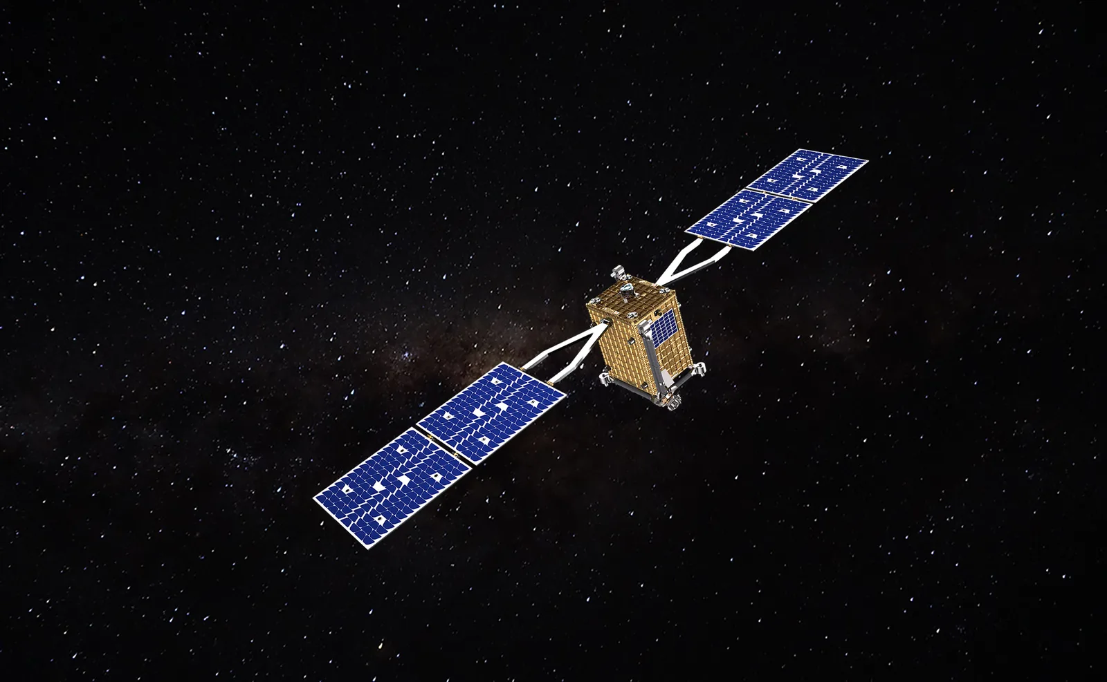 Rendering of the Starfish Space Otter servicing spacecraft with its solar arrays deployed against a starfield