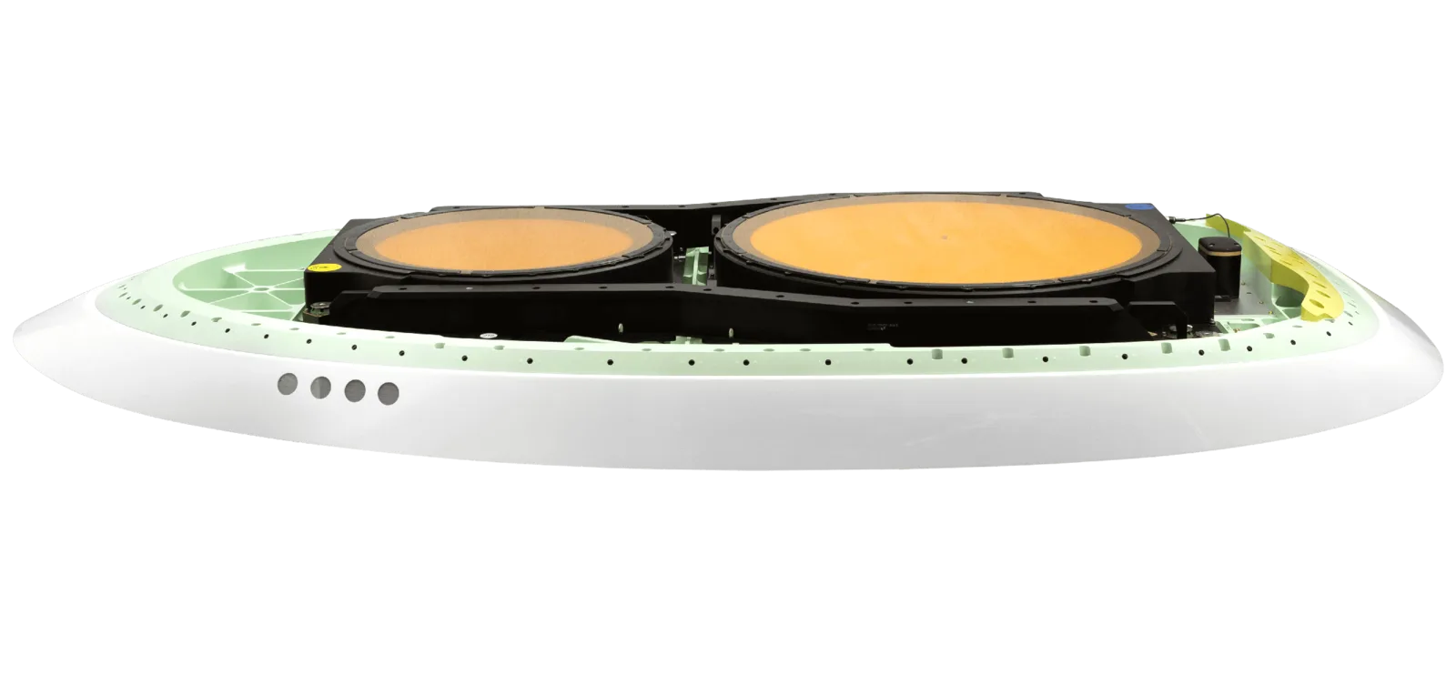 Rendering of the ThinAir Ka2517 antenna, two round flat phased-array panels on a low-profile aircraft mounting fairing