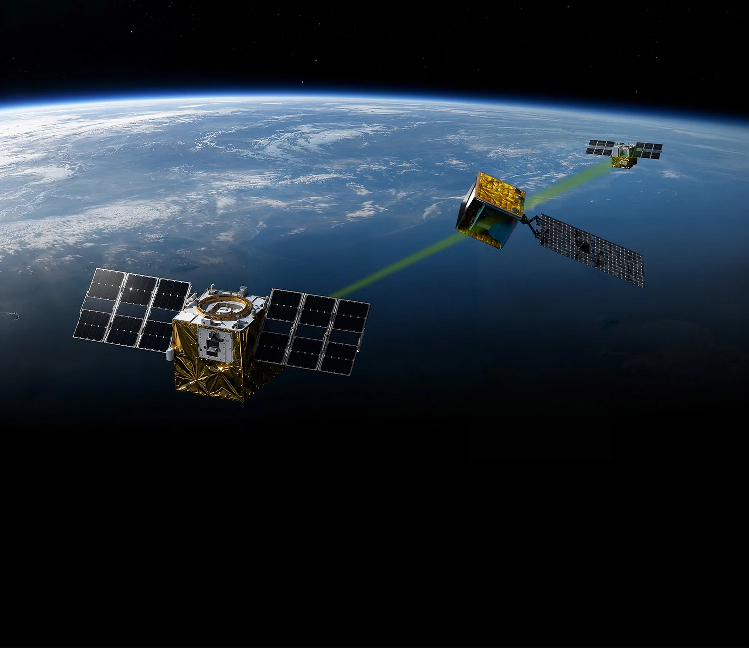Rendering of two ThinkX satellites above Earth, one beaming X-rays through a target satellite to the other