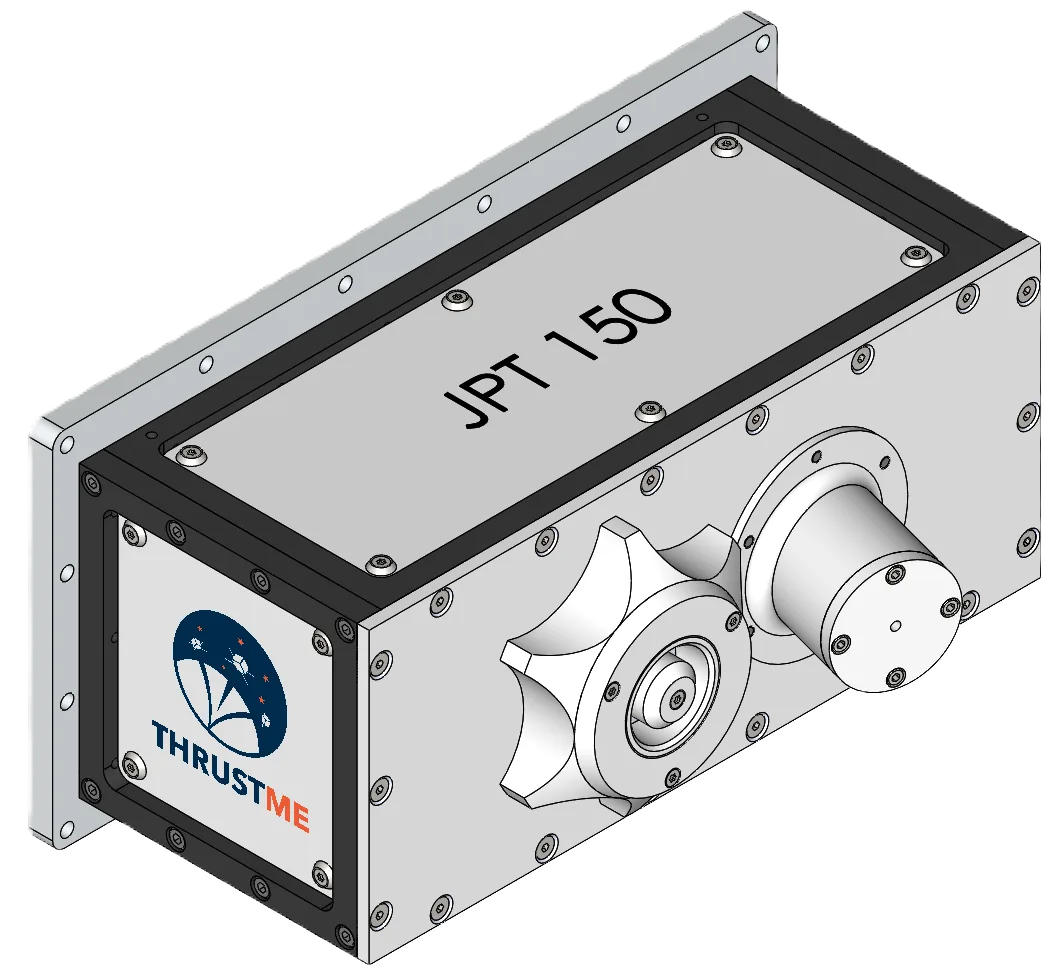 Rendering of the JPT150 iodine Hall thruster, a rectangular metal unit with its thruster head on the side