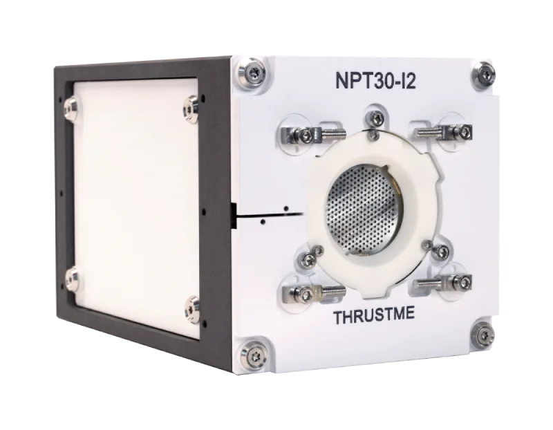 The NPT30-I2 iodine electric thruster, a compact boxy unit with a round grid outlet on its front face