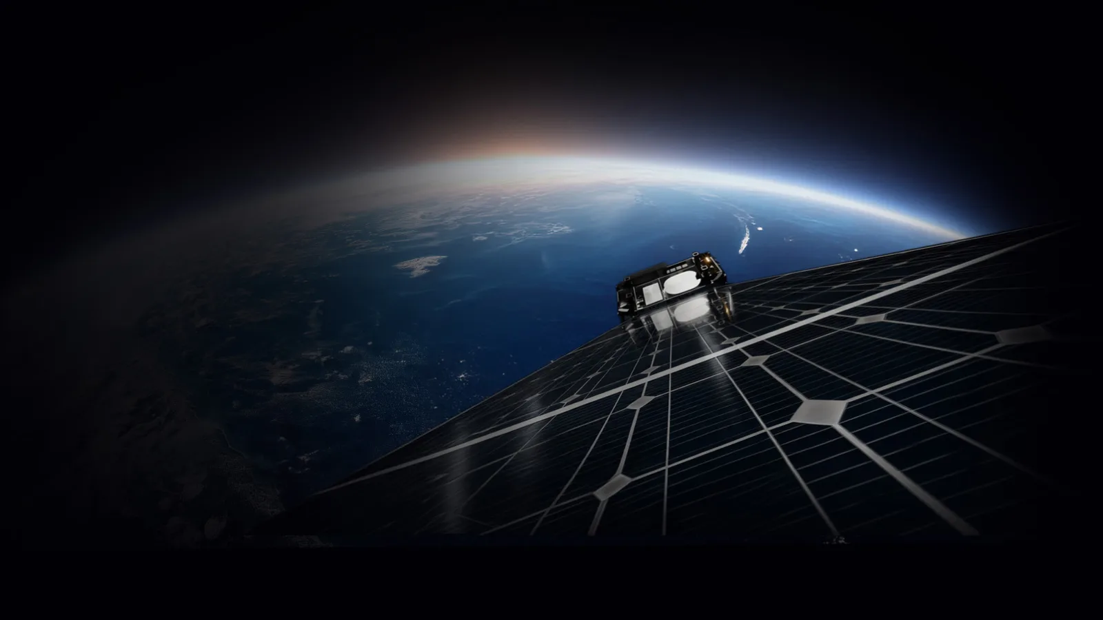 Rendering of a Tomorrow.io DeepSky weather satellite in orbit, seen past its large solar array with Earth's horizon behind