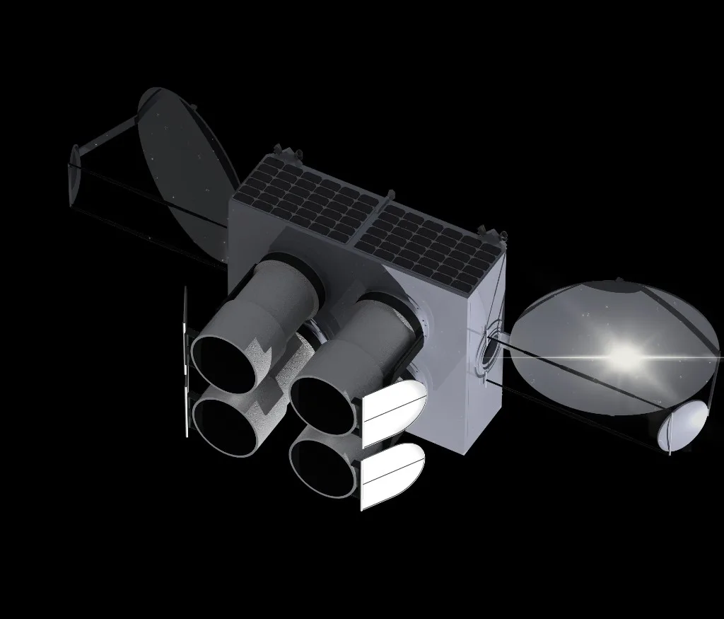Rendering of a space-based Sutter telescope spacecraft with four telescope tubes, solar panels and two light-collecting reflectors