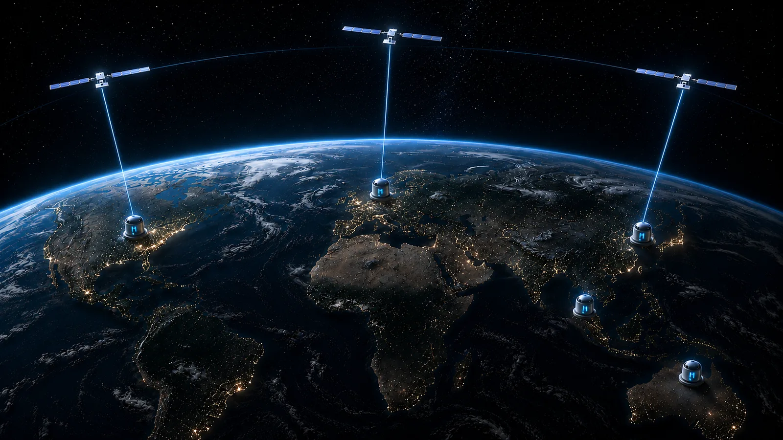 Illustration of satellites linked by laser beams to optical ground stations spread across Earth, seen from orbit at night