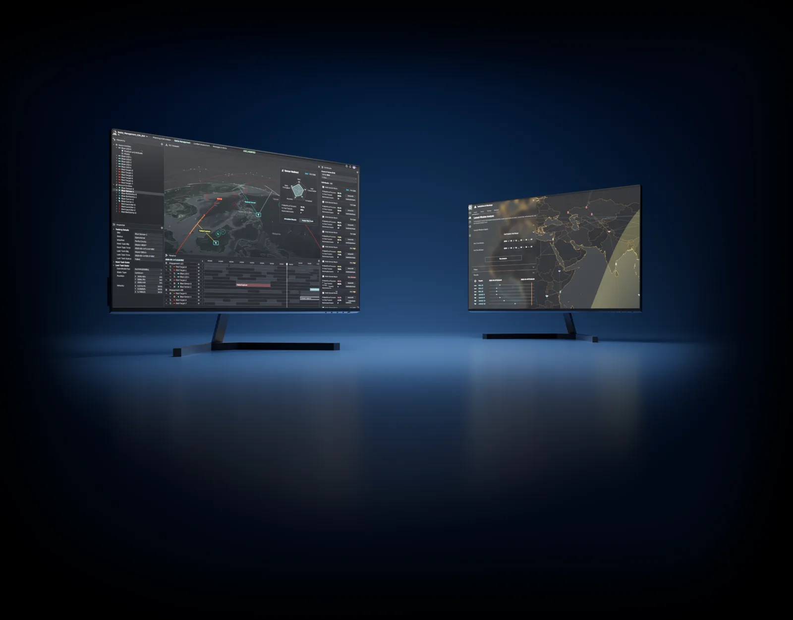 Two monitors showing True Anomaly's Mosaic mission software with orbit tracks and a world map