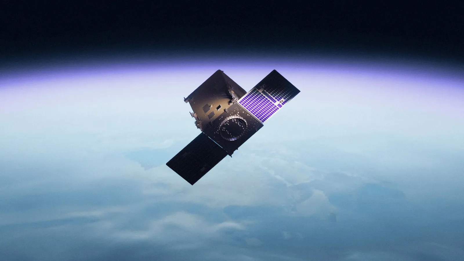 Rendering of a Turion DROID spacecraft with two solar panels, flying above Earth's atmosphere