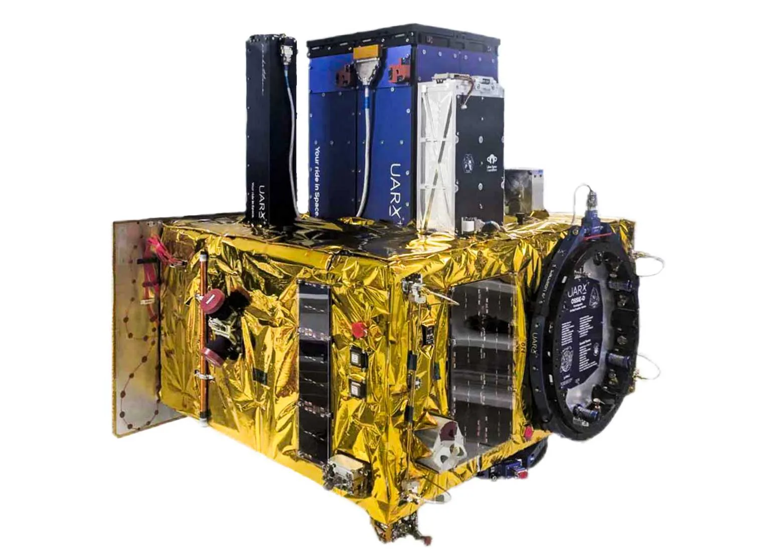 The OSSIE orbital transfer vehicle, a gold-foil-wrapped spacecraft with payloads mounted on top and a separation ring on its side