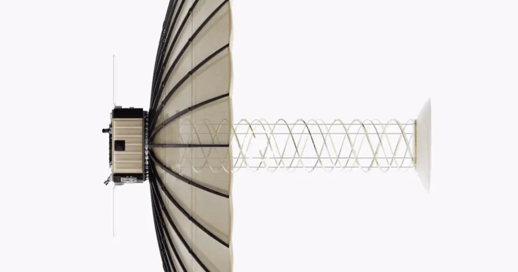 Rendering of an Umbra radar satellite with its antenna deployed, on a white background