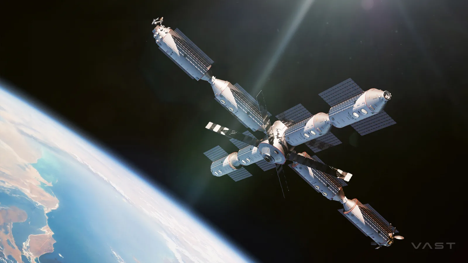 Rendering of the Haven-2 space station in its full multi-module configuration in orbit