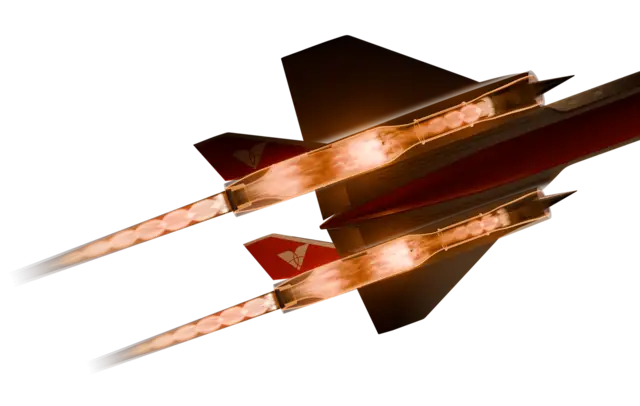 Rendering of a high-speed aircraft cut away to show twin Venus Detonation Ramjet engines firing