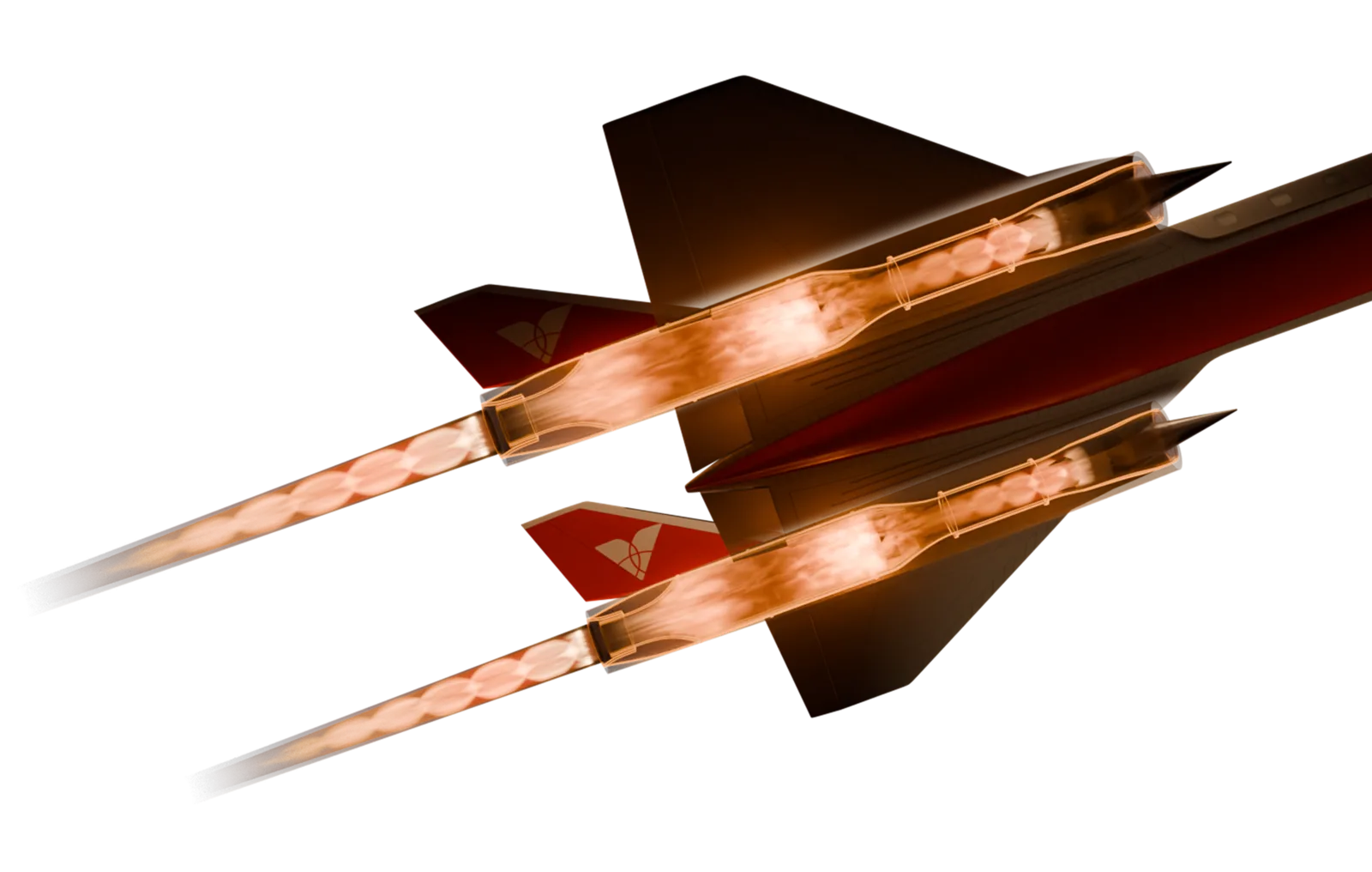 Rendering of a high-speed aircraft cut away to show twin Venus Detonation Ramjet engines firing