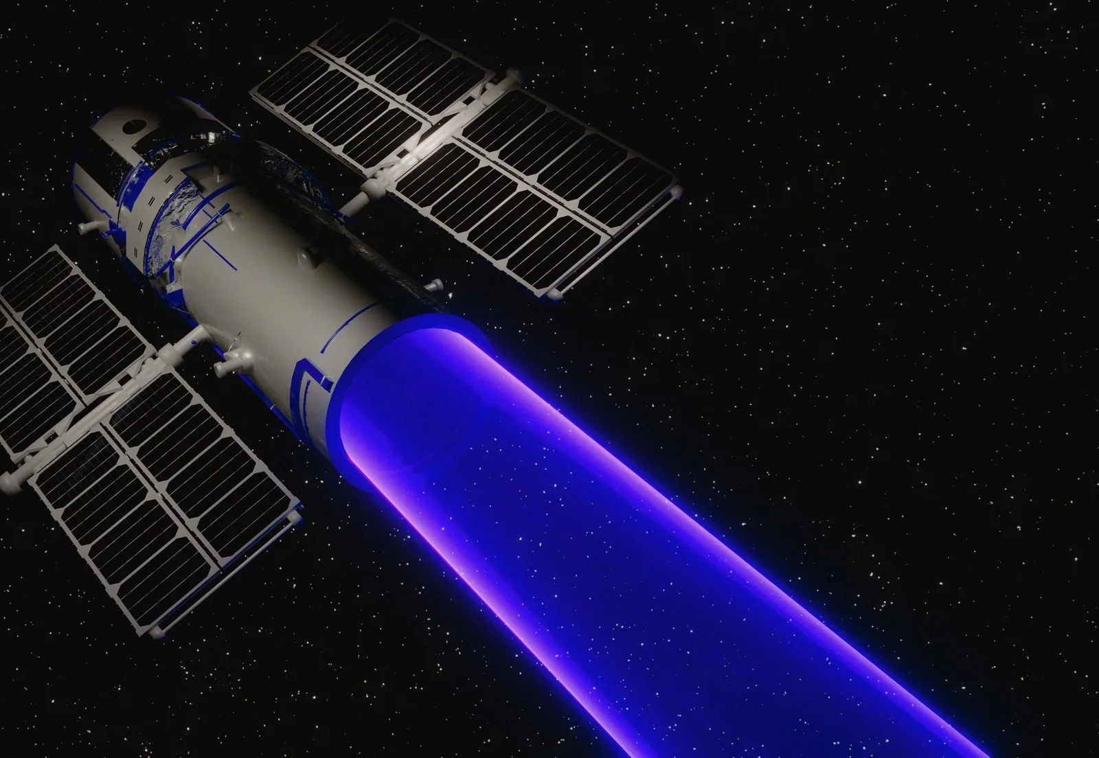 Rendering of a Volta power satellite with solar panels beaming a blue laser toward the lunar surface