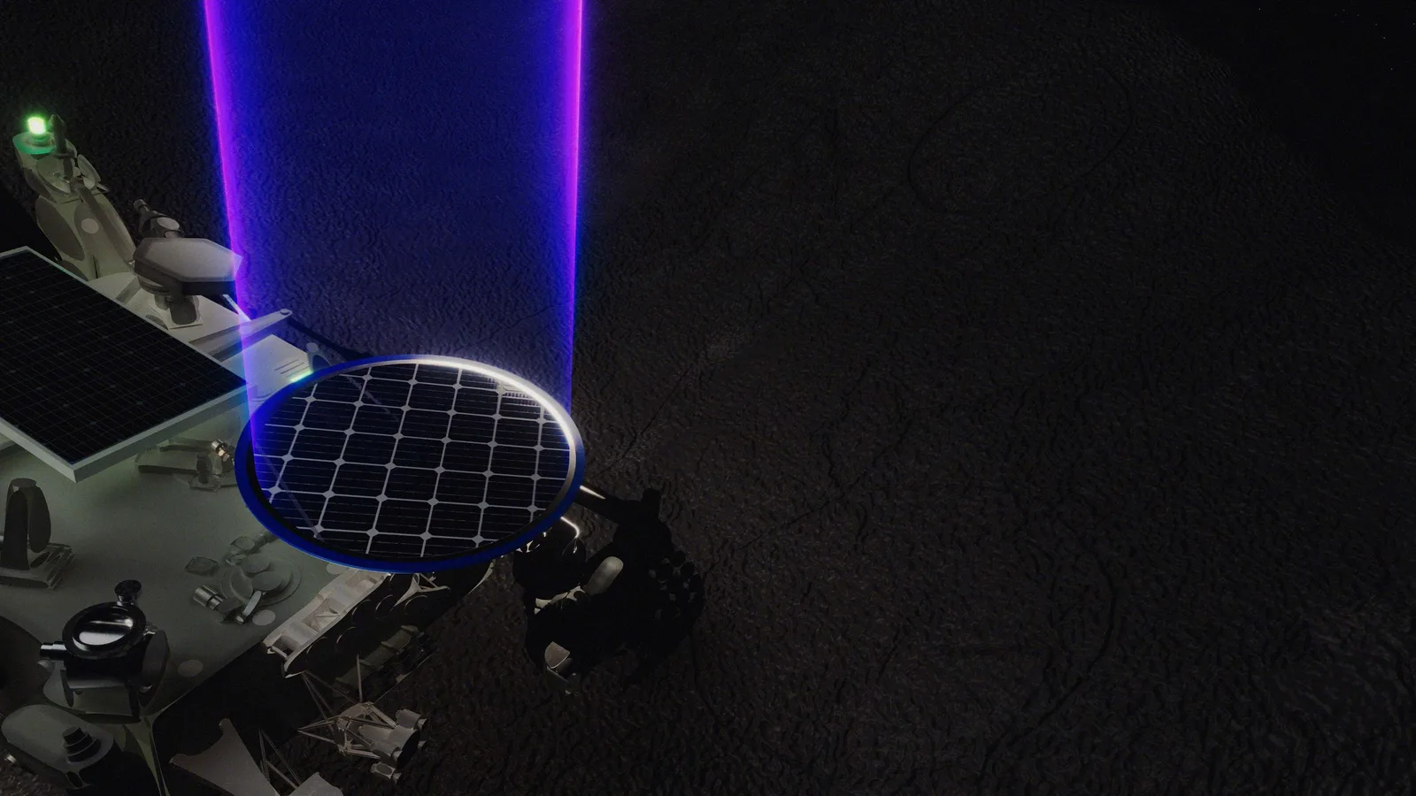 Rendering of a lunar rover with a round receiver panel catching a blue laser power beam from above