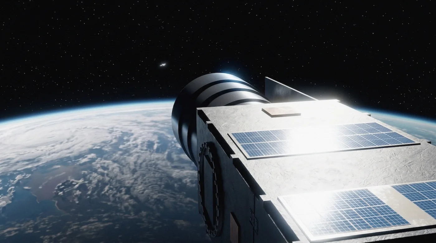 Rendering of a Vyoma Flamingo space-surveillance telescope satellite in orbit above Earth