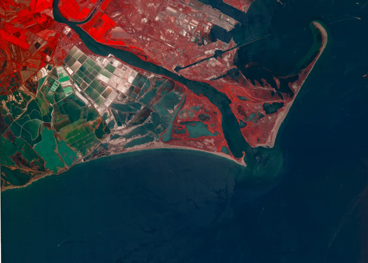 False-color hyperspectral satellite image of a coastal river delta and farmland from Wyvern's first-generation Dragonette satellites