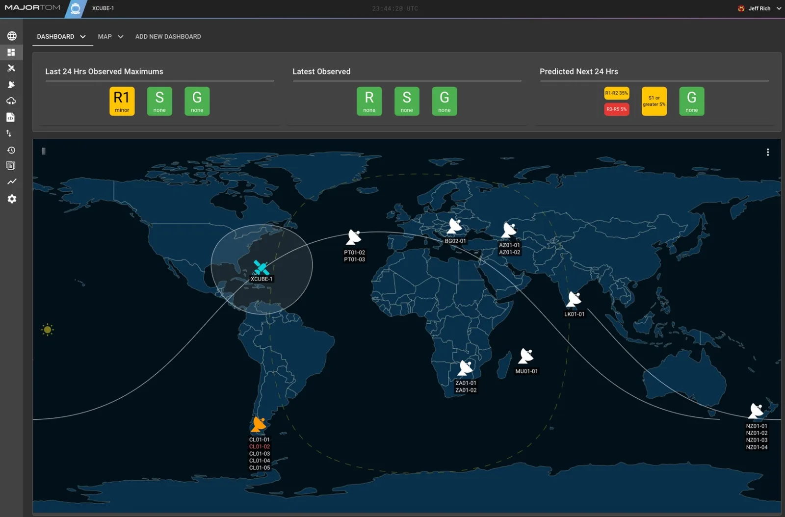 Screenshot of the Major Tom mission operations dashboard showing satellite ground tracks on a world map and health status