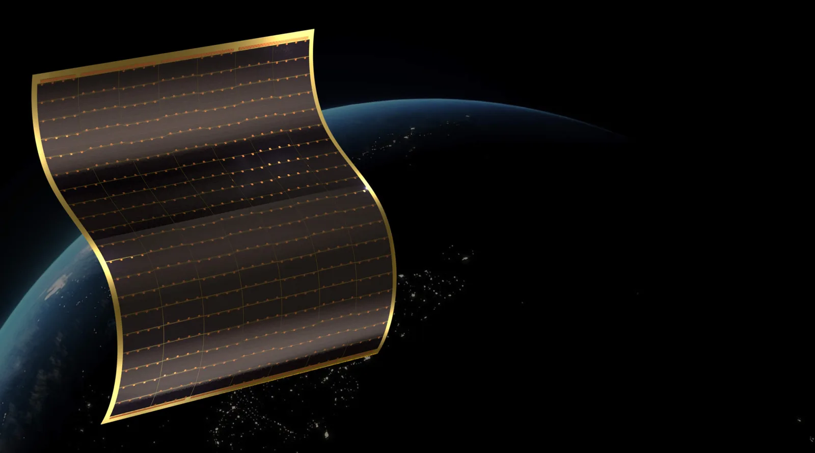 Rendering of a thin, flexible Solestial silicon solar power module curving above the night side of Earth