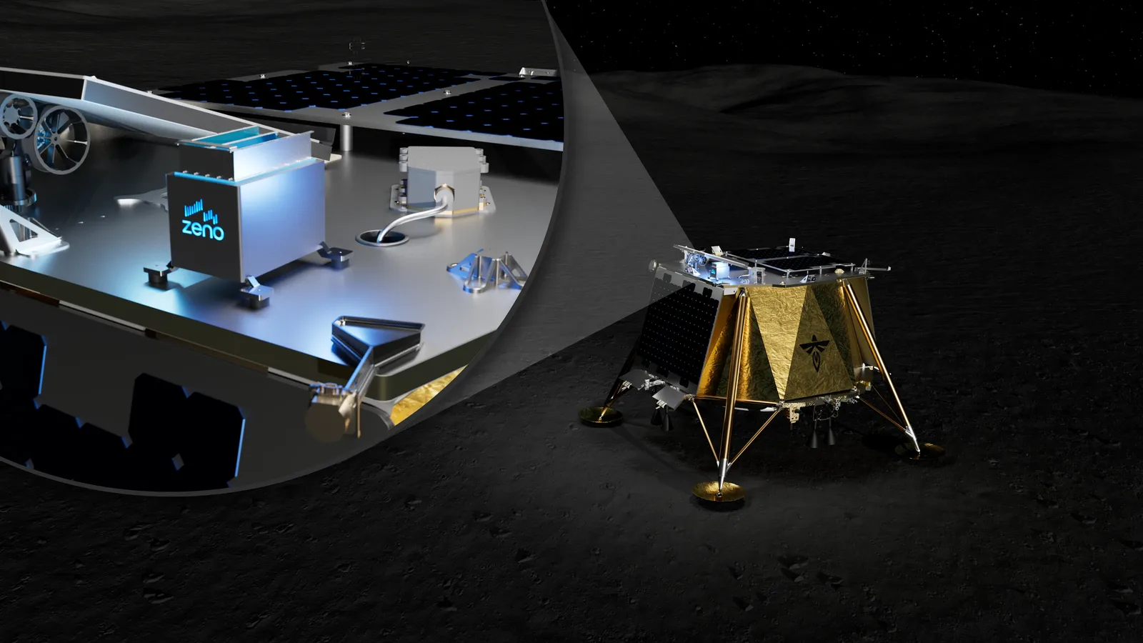 Rendering with a close-up of Zeno Power's radioisotope heater payload on the deck of a Firefly Blue Ghost lander on the Moon
